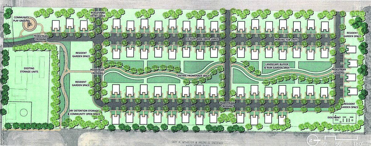 Plans for Eastway Court Apartments' expansion propose 64 three-unit townhomes with gathering areas, walking trails, a dog park, playground and community gardens. (Submitted image)