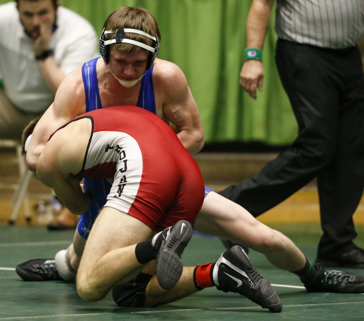 Eastern Hancock’s Avery Wills locks up with East Central’s Ben Wolf during their third-place match at the New Castle Semistate wrestling tournament on Saturday, Feb. 13, 2021. (Rob Baker/Daily Reporter)