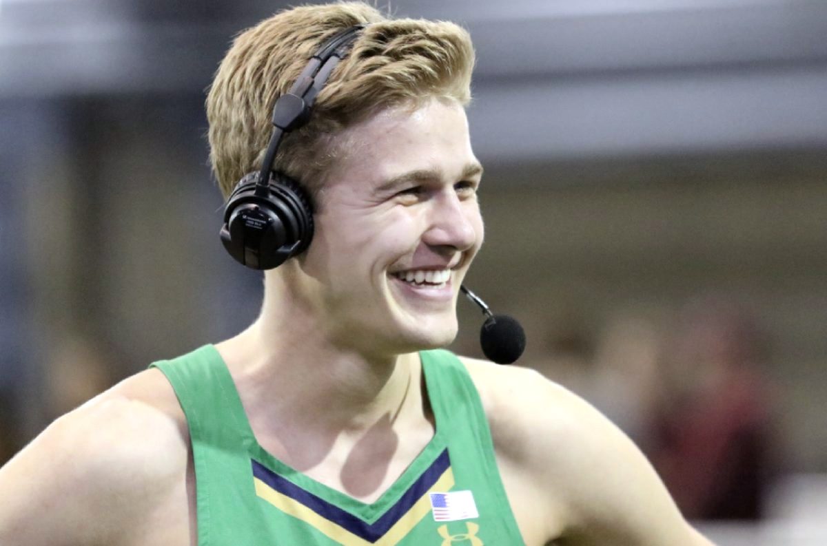 Notre Dame's Samuel Voelz, a New Palestine graduate, smiles during a post-race interview last year. Voelz earned First-Team All-American honors during the 2021 NCAA Indoor Track &amp; Field Championships this weekend with a fourth-place finish in the 800-meter run.  By: provided