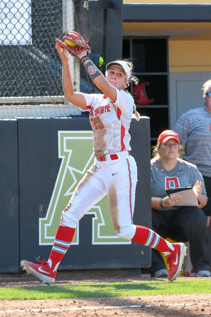 Ashley Prange makes a catch in foul territory during an Ohio State softball game in 2019. (Photo provided By Ohio State Athletics)