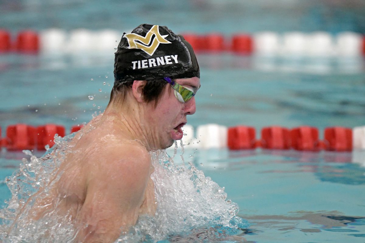 Mt. Vernon Aiden Tierney competes during the IHSAA boys sectional swimming finals on Saturday, Feb. 20, 2021. (Tom Russo | Daily Reporter)