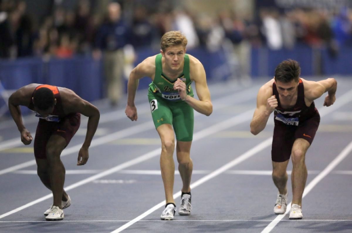 Notre Dame’s Samuel Voelz gets set to race for the Fighting Irish. Voelz was named NCAA Division-I All-American for indoor track and field in 2020. This month, Voelz competed in the 2021 Olympic Trials at Hayward Field in Eugene, Ore., finishing sixth in the 800-meter race finals. (photo provided by Notre Dame Athletics)