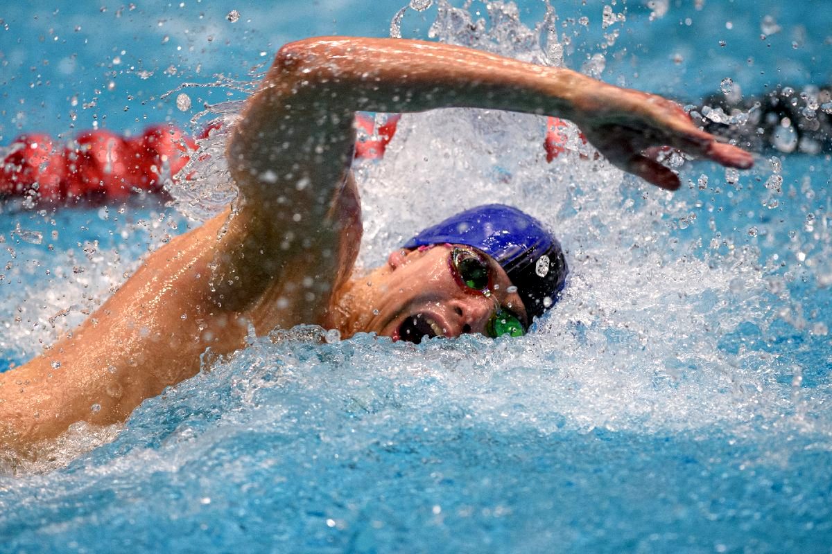 Greenfield Central's Travis Black swims the freestyle in the 200-yard medley relay during boys state swimming finals prelims at the IU Natatorium on the IUPUI campus in Indianapolis, Friday, Feb. 28, 2020.
