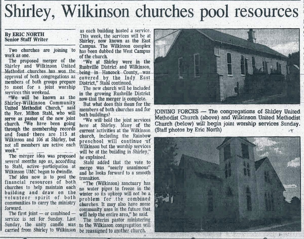 This Daily Reporter clipping from Sept. 28, 1996, details the merger of Shirley United Methodist Church and Wilkinson United Methodist Church.